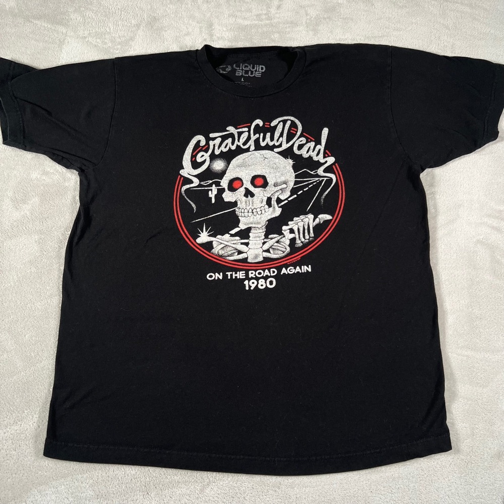 Liquid Blue Grateful Dead On The Road Again 1980 Black Graphic T-Shirt Mens L